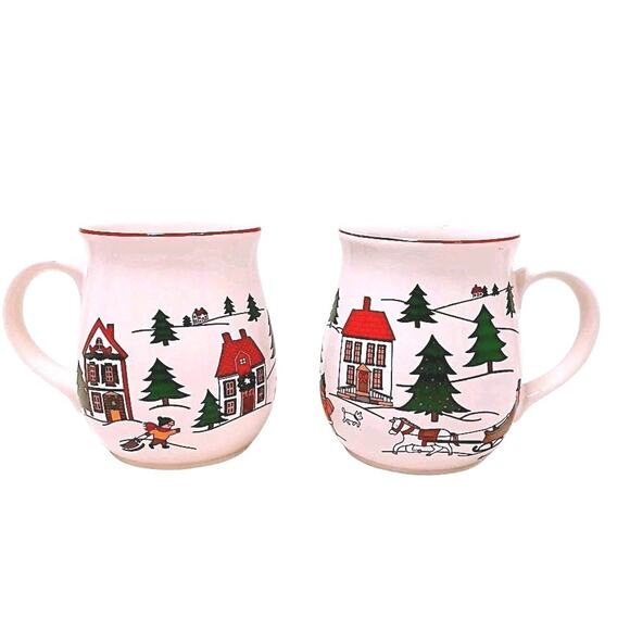 2 Cups Jamestown China Joy of Christmas Coffee Mug Winter Trees Sleigh Ceramic - Picture 1 of 11